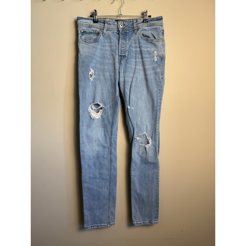 Jack & Jones Mens Light Wash Distressed Slim Fit Tim Jeans 31x34 Streetwear Edgy